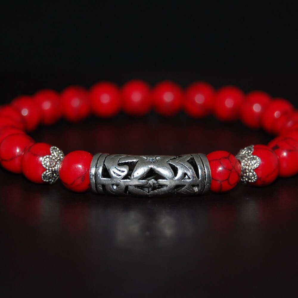 Red Howlite Bracelet,Indian Silver Color Charm,Red Bracelet
